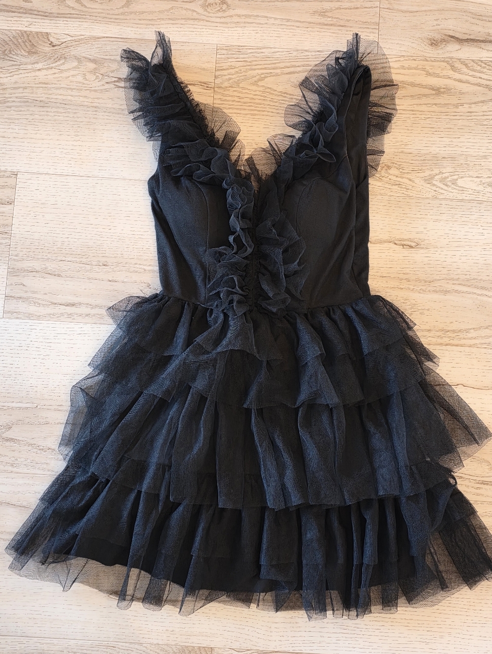 Dramatic Black Tiered Tulle Ruffle Mini Dress Size S